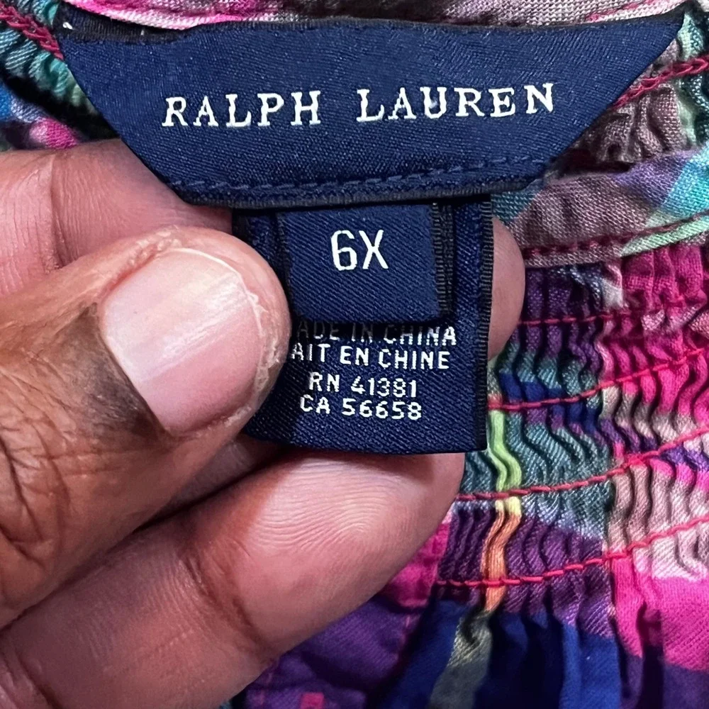 Ralph Lauren Girls Plaid Smocked Dress 6X Pink Purple‎ Green Button Front Pony